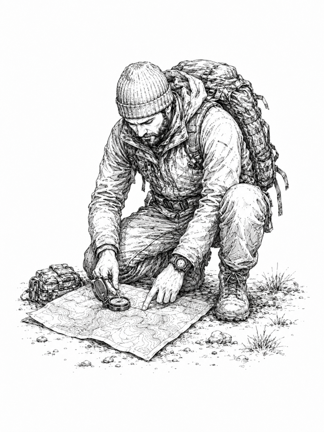 campeur lisant une carte stage de survie, coupe de bois