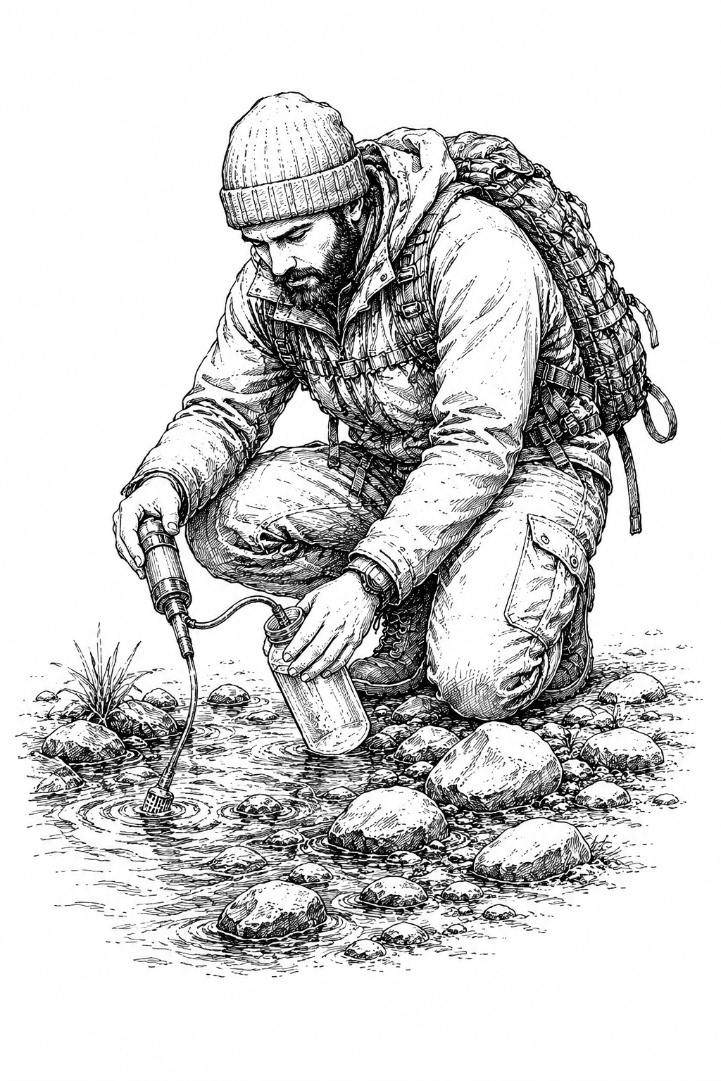 Illustration d’un randonneur utilisant un filtre à eau au bord d’un cours d’eau
