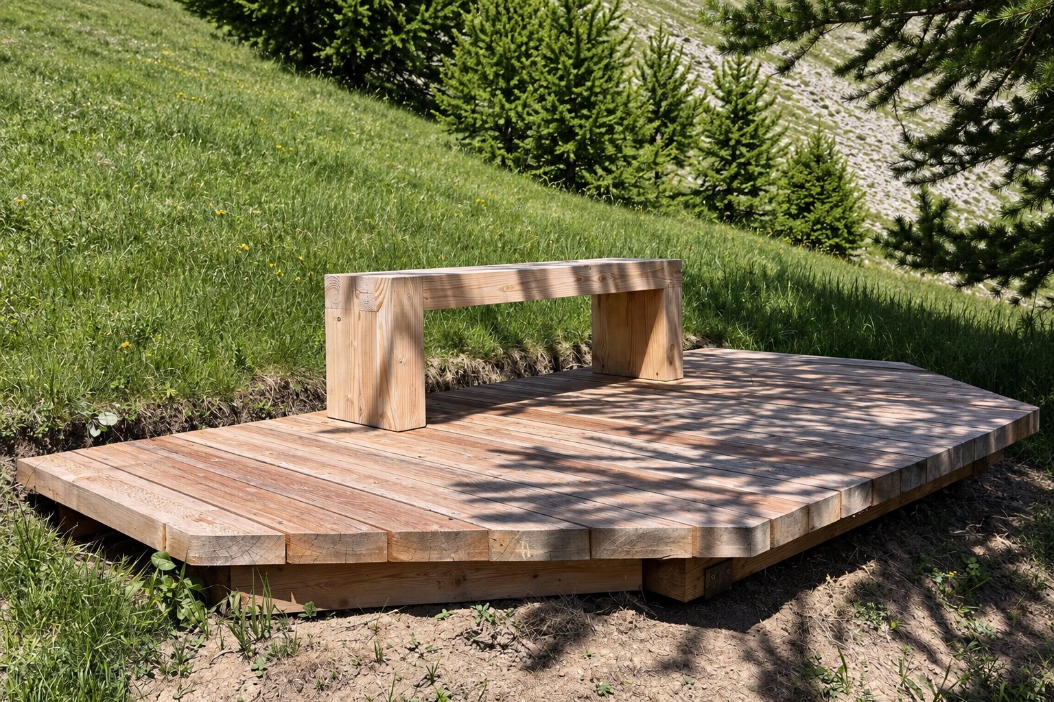 Plateforme et mobilier en bois en montagne