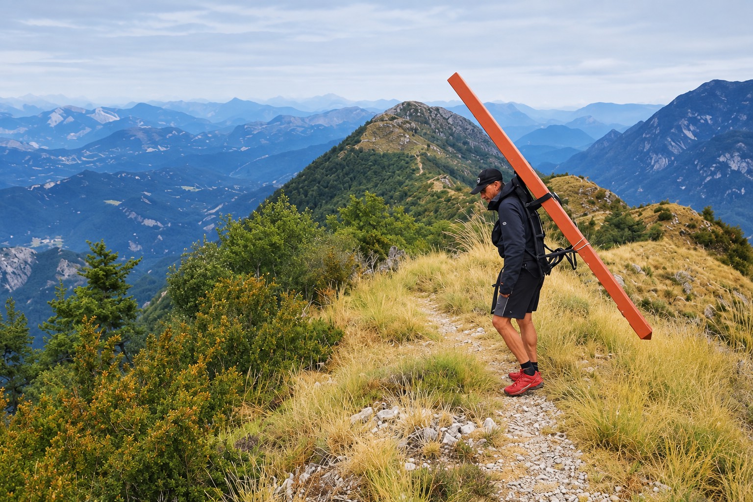 Portage d’un poteau sur un sentier de crête en montagne