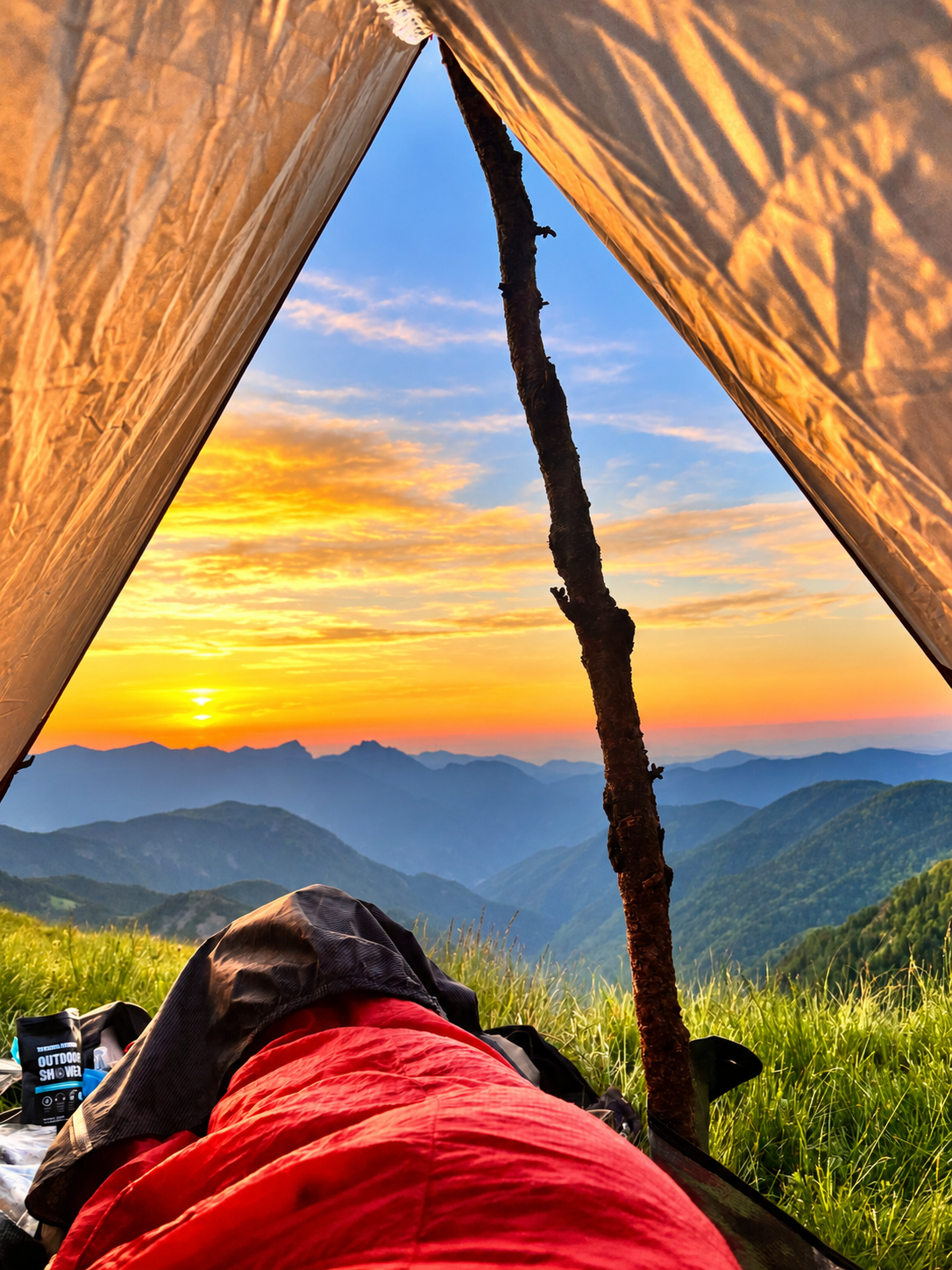 Vue depuis un abri de bivouac sur les montagnes dans la lumière dorée du soleil