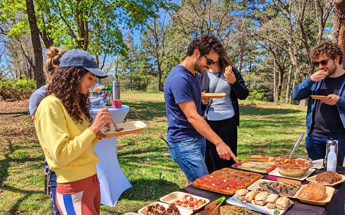 Des participants partagent un buffet en plein air dans un espace arboré.