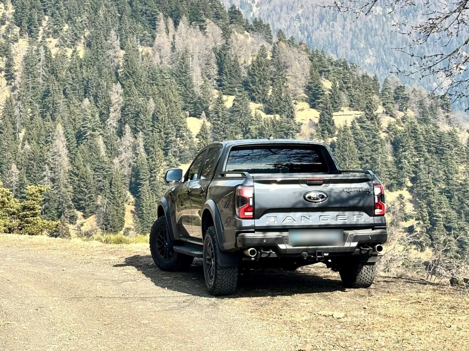 4x4 vu de dos sur une piste bordée de conifères en montagne.